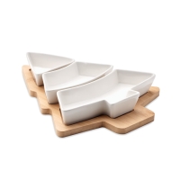 Świąteczny półmisek – bambusowa deska z trzema naczyniami ceramicznymi